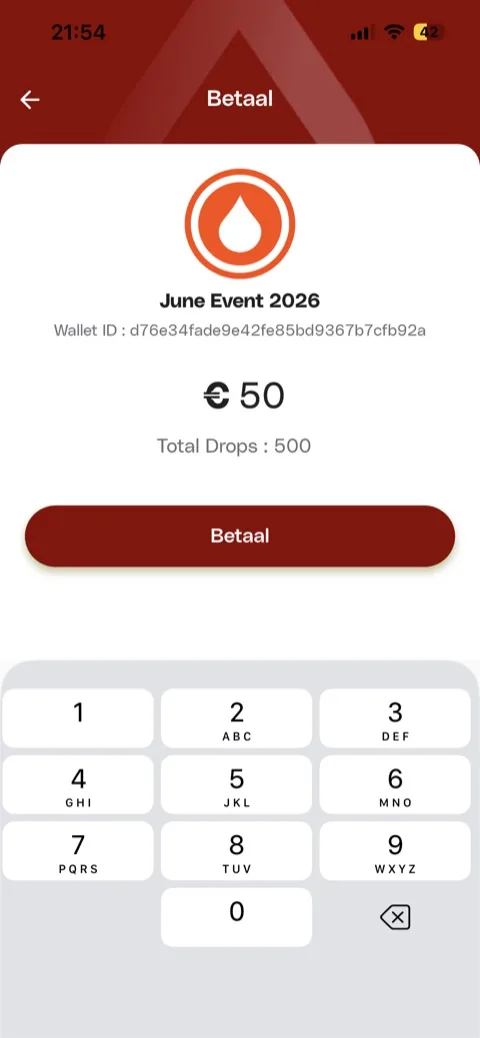 Het betaalscherm van de Drop-app met het bedrag en het aantal Drops