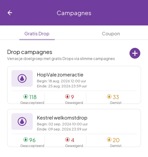 Het campagneoverzicht in de Drop-app met per campagne
        het aantal geaccepteerde, geweigerde en gemiste Drops