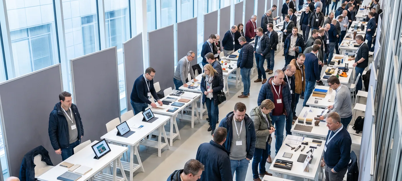 Deelnemers aan een besloten evenement lopen langs de kramen van de leveranciers