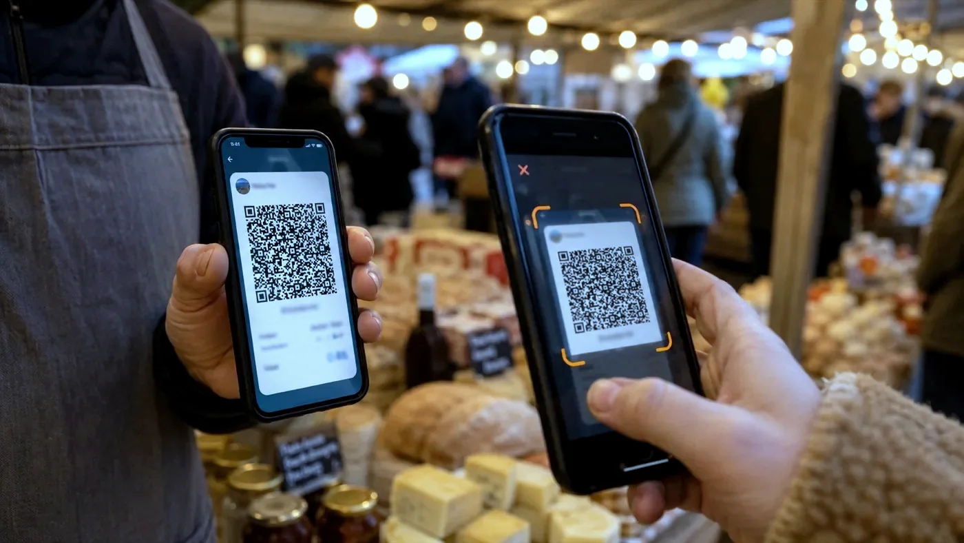 Een leverancier verwerkt een betaling met de telefoon van een bezoeker