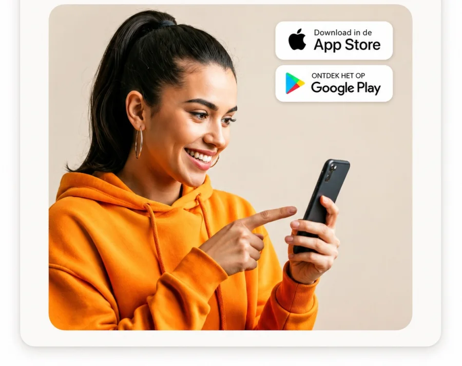 Een bezoeker opent de Drop-app op haar telefoon, met de downloadknoppen voor de App Store en Google Play