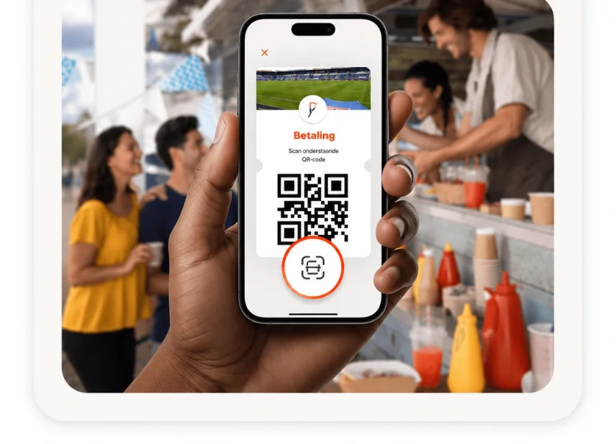Een bezoeker scant bij een kiosk de QR-code van het verkooppunt met de Drop-app