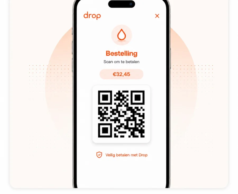 Het bestelscherm in de Drop-app met het bedrag en de QR-code die de klant scant