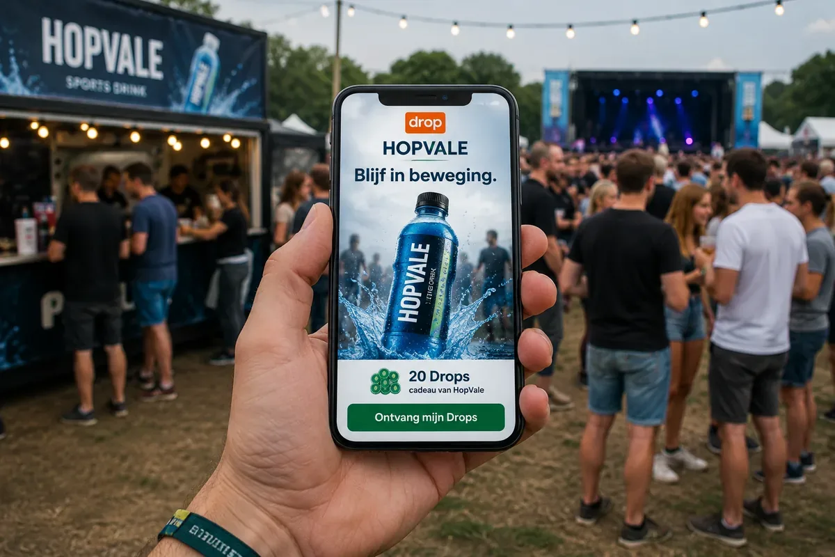 Bezoeker op een festival krijgt via de Drop-app tegoed van een sponsor