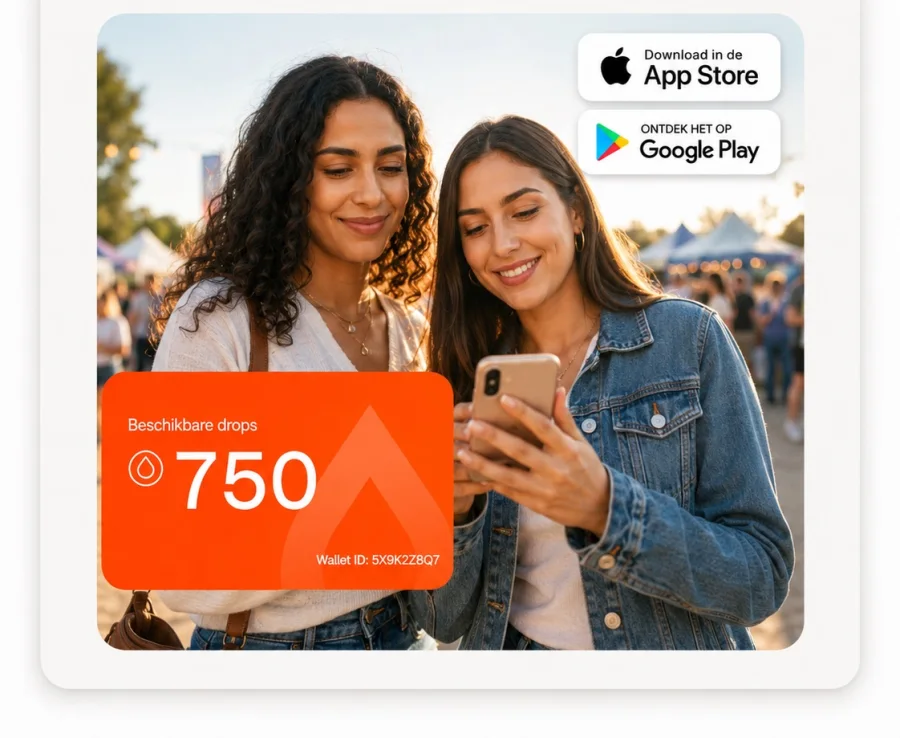Twee bezoekers op een festival bekijken de wallet in de Drop-app met het beschikbare aantal Drops