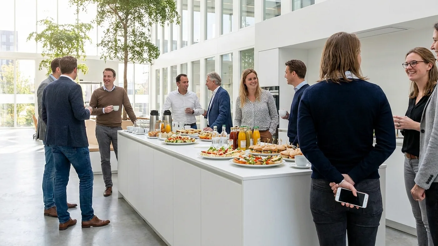 Collega's met een bordje en een drankje bij het buffet van een besloten personeelsbijeenkomst