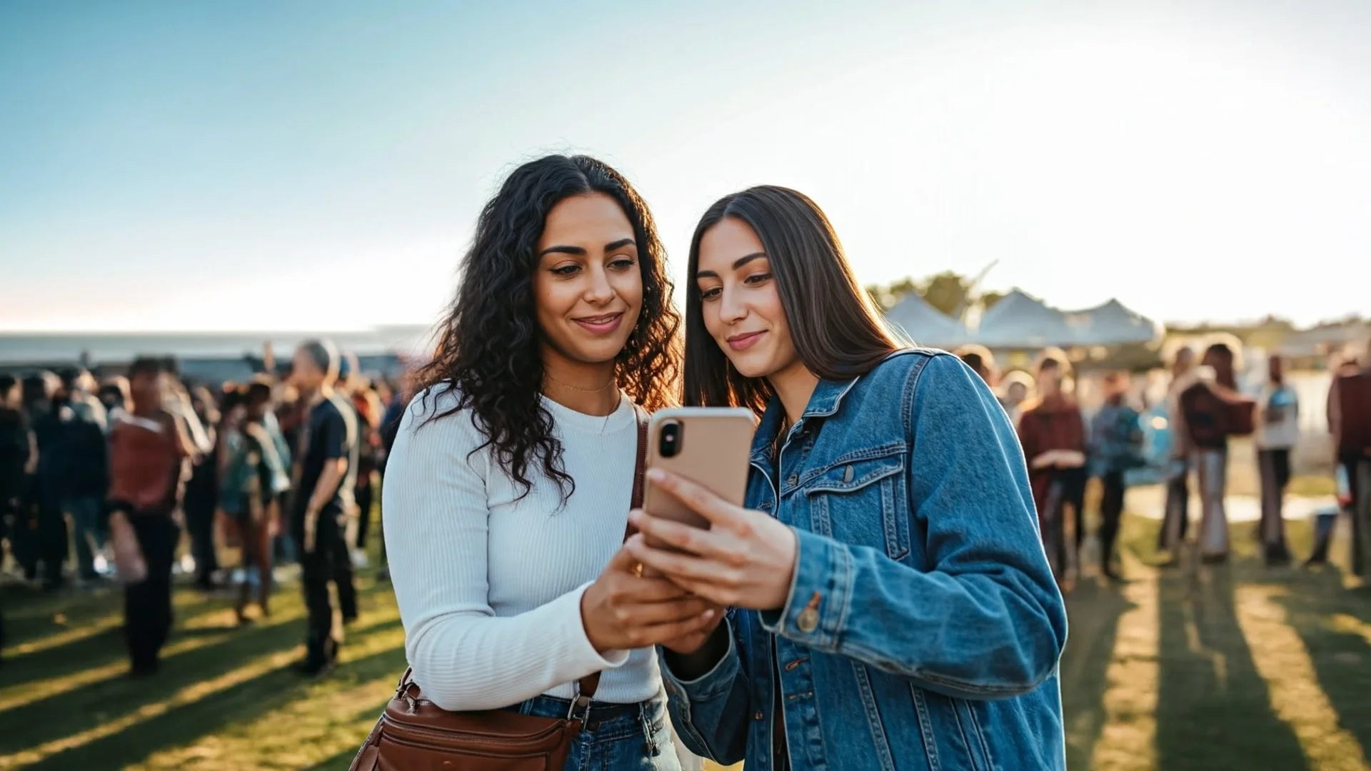 Twee bezoekers bekijken samen hun telefoon op een buitenevenement