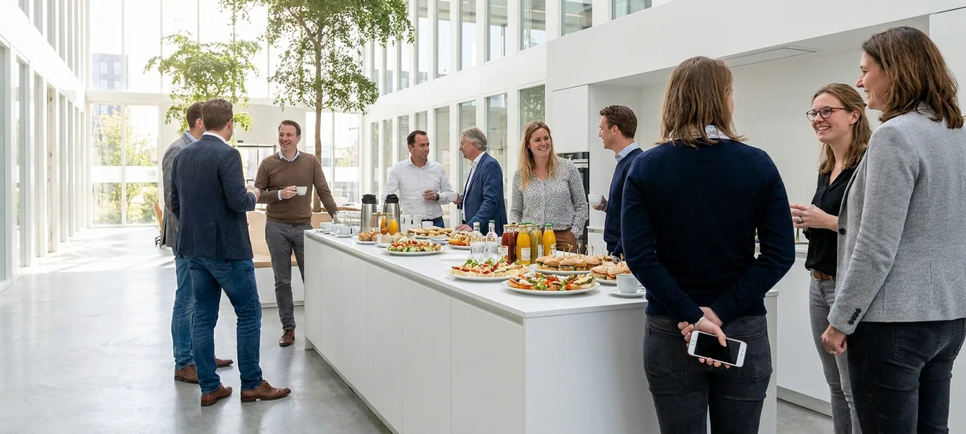 Collega's met een bordje en een drankje bij het buffet van een besloten personeelsbijeenkomst in een licht bedrijfsatrium