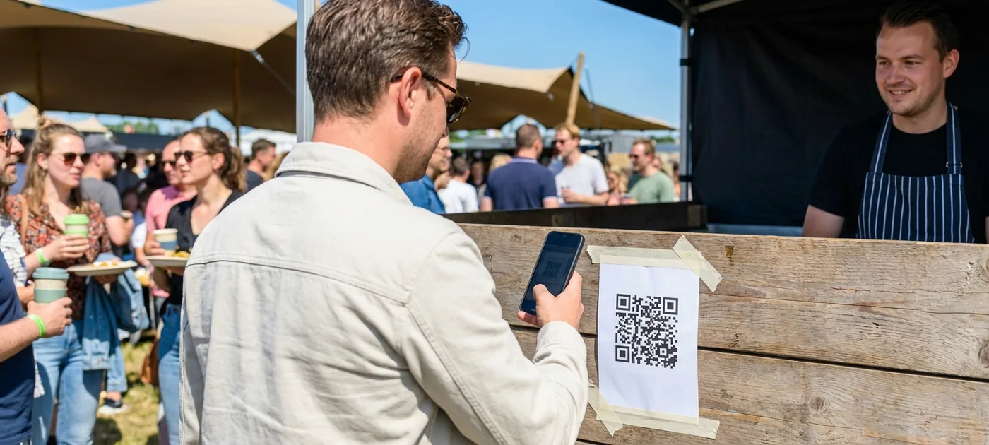 Een bezoeker scant met zijn telefoon de QR-code op de toonbank van een foodstand, terwijl de verkoper achter de bar staat te wachten
