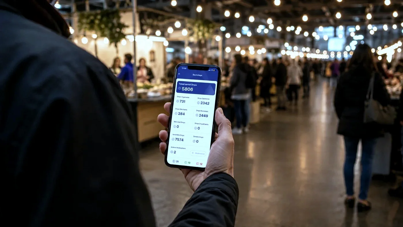 Een organisator bekijkt op een evenement het Backstage-overzicht op zijn telefoon, met het totale aantal Drops en de verdeling over sponsoren, merchants en bezoekers